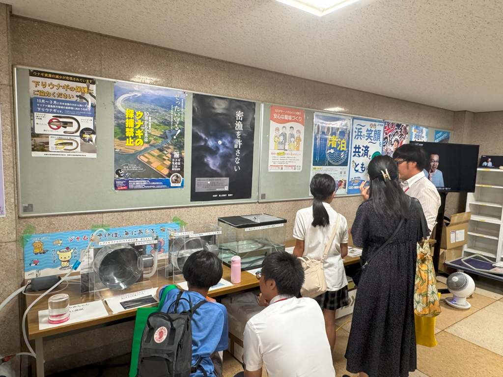 こども霞が関見学デー8階ウナギブースでこどもたちが生きたウナギを興味深く見学する様子