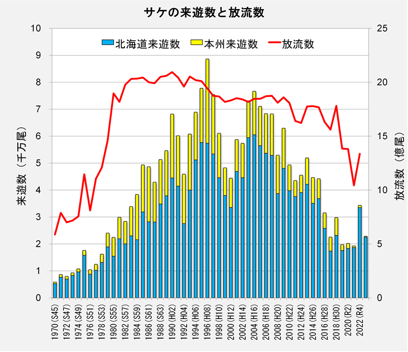 サケの来遊数と放流数のグラフ