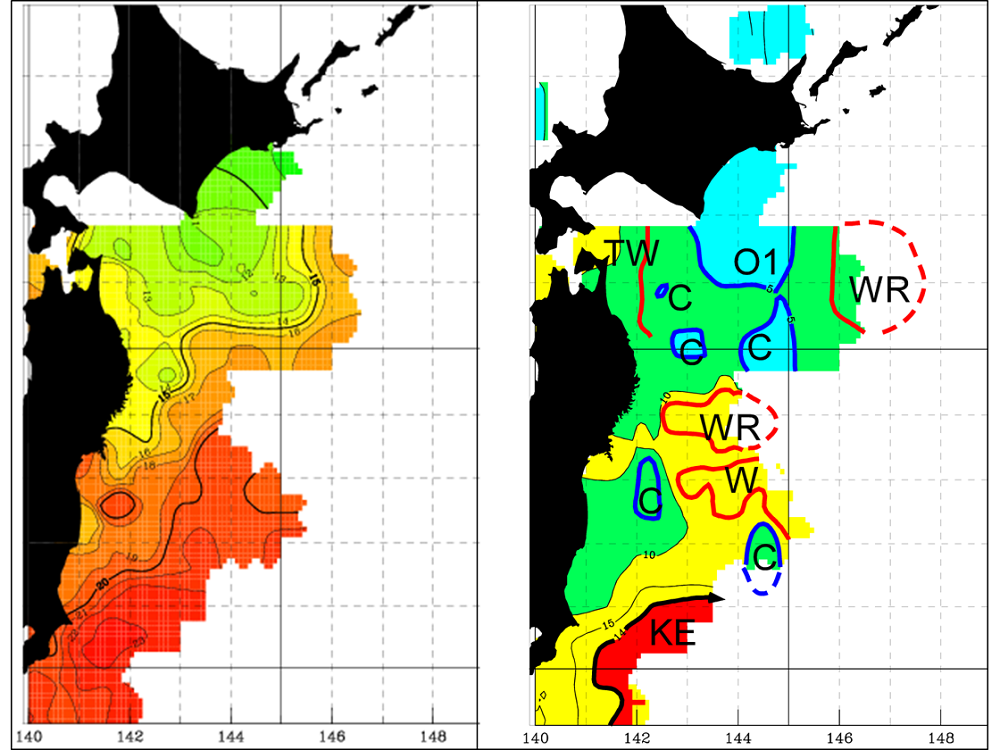 水温データの解析による水塊の分布や海況予測図